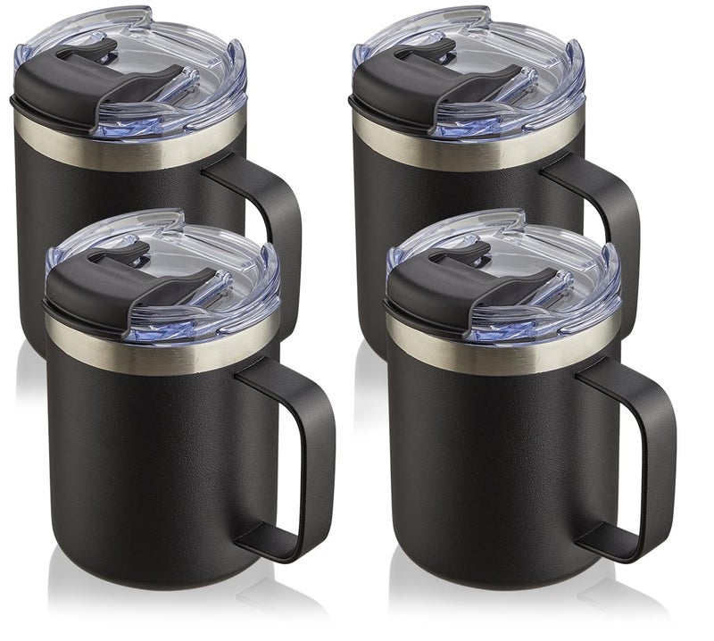 ALOUFEA 12oz Stainless Steel Insulated Coffee Mug with Handle, Double Wall Vacuum Tumbler Cup with Fliping Lid, Black, 4 Pack - Image 1
